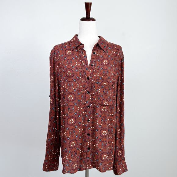 Natural Life Autumn Brown Floral Crinkle Texture Button-Up Shirt - Picture 1 of 8
